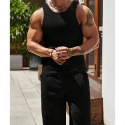 Men's T-shirt Suits Undershirt Shirt and Pant Sets 2 Pieces Outfits Sleeveless Crewneck Summer Plain Fashion Casual 2 Piece Vacation Daily Wear Going out Black Brown Khaki Top Tee for Men