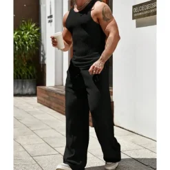 Men's T-shirt Suits Undershirt Shirt and Pant Sets 2 Pieces Outfits Sleeveless Crewneck Summer Plain Fashion Casual 2 Piece Vacation Daily Wear Going out Black Brown Khaki Top Tee for Men