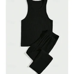 Men's T-shirt Suits Undershirt Shirt and Pant Sets 2 Pieces Outfits Sleeveless Crewneck Summer Plain Fashion Casual 2 Piece Vacation Daily Wear Going out Black Brown Khaki Top Tee for Men