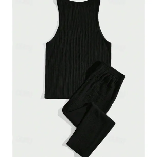 Men's T-shirt Suits Undershirt Shirt and Pant Sets 2 Pieces Outfits Sleeveless Crewneck Summer Plain Fashion Casual 2 Piece Vacation Daily Wear Going out Black Brown Khaki Top Tee for Men