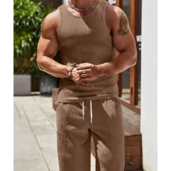 Men's T-shirt Suits Undershirt Shirt and Pant Sets 2 Pieces Outfits Sleeveless Crewneck Summer Plain Fashion Casual 2 Piece Vacation Daily Wear Going out Black Brown Khaki Top Tee for Men