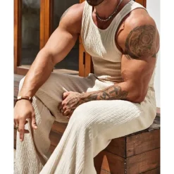 Men's T-shirt Suits Undershirt Shirt and Pant Sets 2 Pieces Outfits Sleeveless Crewneck Summer Plain Fashion Casual 2 Piece Vacation Daily Wear Going out Black Brown Khaki Top Tee for Men