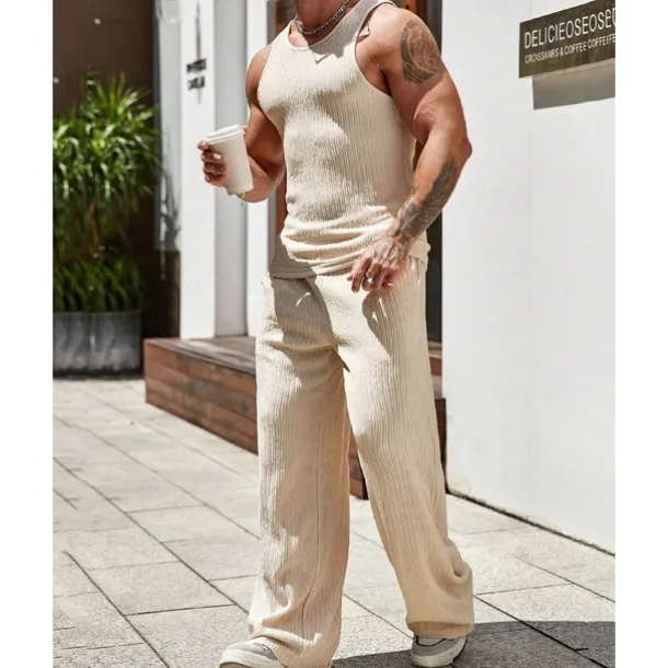 Men's T-shirt Suits Undershirt Shirt and Pant Sets 2 Pieces Outfits Sleeveless Crewneck Summer Plain Fashion Casual 2 Piece Vacation Daily Wear Going out Black Brown Khaki Top Tee for Men