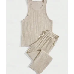 Men's T-shirt Suits Undershirt Shirt and Pant Sets 2 Pieces Outfits Sleeveless Crewneck Summer Plain Fashion Casual 2 Piece Vacation Daily Wear Going out Black Brown Khaki Top Tee for Men