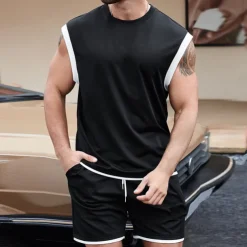 Men's T-shirt Suits Undershirt 2 Pieces Outfits Tee & Shorts Sleeveless Crewneck Summer Solid / Plain Color Fashion Casual 2 Piece Vacation Daily Wear Going out Black White Brown Top Tee for Men