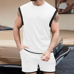 Men's T-shirt Suits Undershirt 2 Pieces Outfits Tee & Shorts Sleeveless Crewneck Summer Solid / Plain Color Fashion Casual 2 Piece Vacation Daily Wear Going out Black White Brown Top Tee for Men