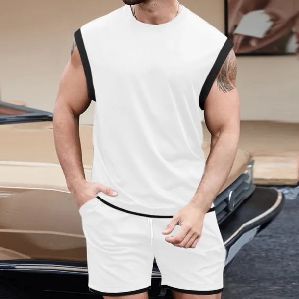 Men's T-shirt Suits Undershirt 2 Pieces Outfits Tee & Shorts Sleeveless Crewneck Summer Solid / Plain Color Fashion Casual 2 Piece Vacation Daily Wear Going out Black White Brown Top Tee for Men