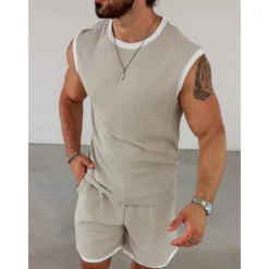 Men's T-shirt Suits Undershirt 2 Pieces Outfits Tee & Shorts Sleeveless Crewneck Summer Solid / Plain Color Fashion Casual 2 Piece Vacation Daily Wear Going out Black White Brown Top Tee for Men