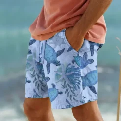 Men's Turtles Sea Creatures Shorts Cotton Linen Shorts Mid Waist Hawaiian Vacation Dailywear Holiday Pocket Drawstring Elastic Waist Designer Clothing Apparel