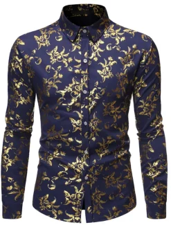 Men's Tuxedo Shirts Floral Outdoor Party Wine Black White Dark Blue Long Sleeve Turndown Spring Fall Clothing Apparel Print