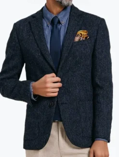 Men's Tweed Blazer Herringbone Blazer Jacket Dark Blue Wool Retro Vintage Classic Standard Fit Single Breasted Two-buttons