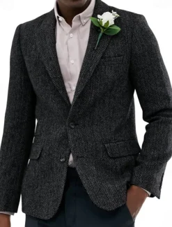 Men's Tweed Blazer Notch Collar Vintage Herringbone Blazer Burgundy Brown Green Standard Fit Single Breasted Two-buttons