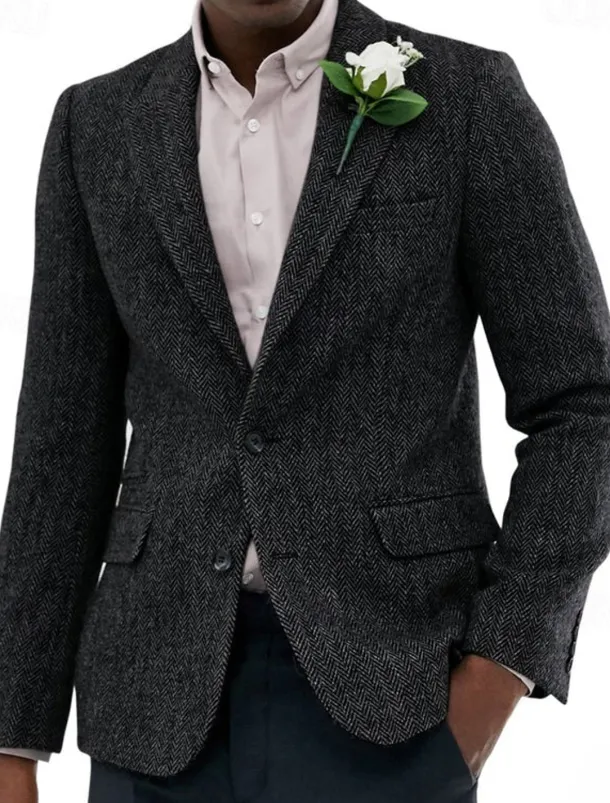 Men's Tweed Blazer Notch Collar Vintage Herringbone Blazer Burgundy Brown Green Standard Fit Single Breasted Two-buttons