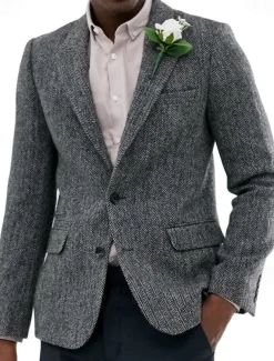 Men's Tweed Blazer Notch Collar Vintage Herringbone Blazer Burgundy Brown Green Standard Fit Single Breasted Two-buttons