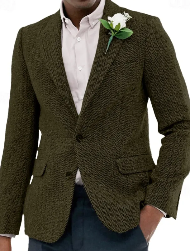 Men's Tweed Blazer Notch Collar Vintage Herringbone Blazer Burgundy Brown Green Standard Fit Single Breasted Two-buttons