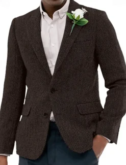 Men's Tweed Blazer Notch Collar Vintage Herringbone Blazer Burgundy Brown Green Standard Fit Single Breasted Two-buttons