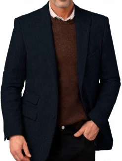 Men's Tweed Blazer Wool Herringbone Blazer Jacket Retro Vintage Classic Office Blazer Navy Blue Brown Standard Fit Single Breasted Two-buttons