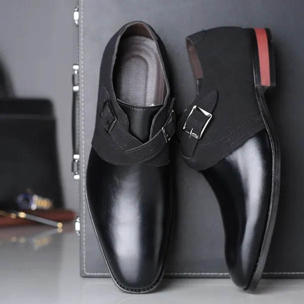 Men's Two-Tone Faux Leather and Suede Monk Strap Shoes – Elegant Buckle Dress Shoes for Formal Occasions