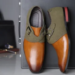 Men's Two-Tone Faux Leather and Suede Monk Strap Shoes – Elegant Buckle Dress Shoes for Formal Occasions