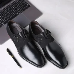 Men's Two-Tone Faux Leather and Suede Monk Strap Shoes – Elegant Buckle Dress Shoes for Formal Occasions