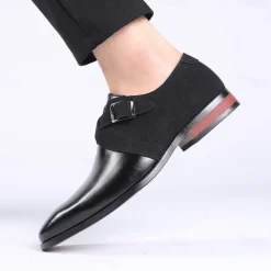 Men's Two-Tone Faux Leather and Suede Monk Strap Shoes – Elegant Buckle Dress Shoes for Formal Occasions