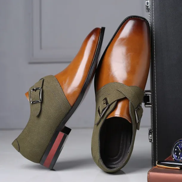 Men's Two-Tone Faux Leather and Suede Monk Strap Shoes – Elegant Buckle Dress Shoes for Formal Occasions