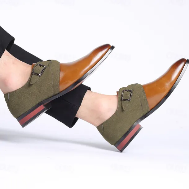Men's Two-Tone Faux Leather and Suede Monk Strap Shoes – Elegant Buckle Dress Shoes for Formal Occasions