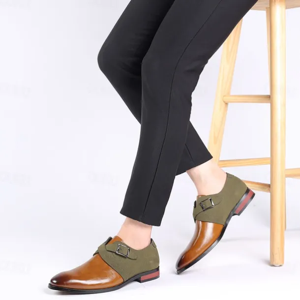 Men's Two-Tone Faux Leather and Suede Monk Strap Shoes – Elegant Buckle Dress Shoes for Formal Occasions