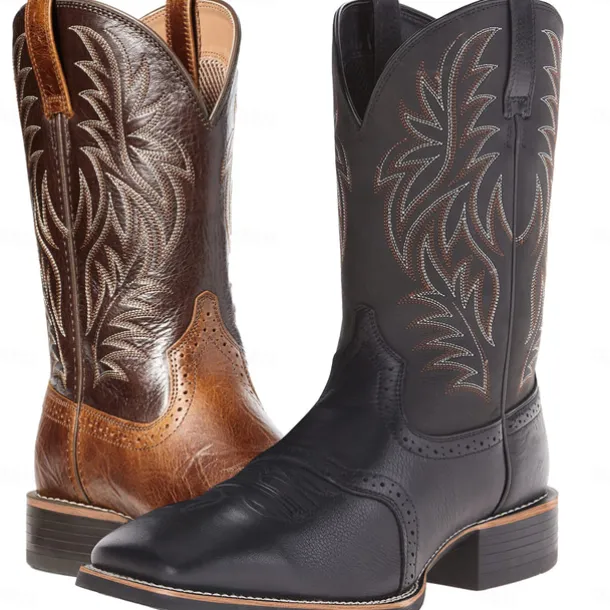 Men's Two-Tone Faux Leather Western Cowboy Boots – Classic Embroidered Design, Durable Construction, Perfect for Riding, Outdoor, and Casual Wear