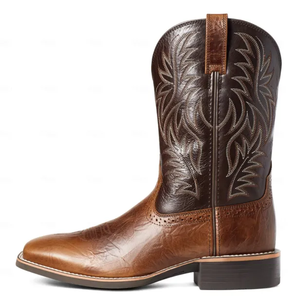 Men's Two-Tone Faux Leather Western Cowboy Boots – Classic Embroidered Design, Durable Construction, Perfect for Riding, Outdoor, and Casual Wear