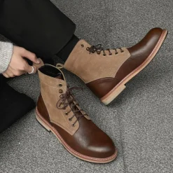 Men's Two-Tone Lace-Up Ankle Boots | Faux Leather and Suede Design for Casual and Outdoor Wear