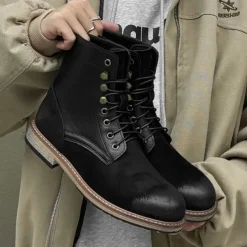 Men's Two-Tone Lace-Up Ankle Boots | Faux Leather and Suede Design for Casual and Outdoor Wear