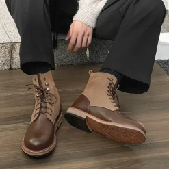 Men's Two-Tone Lace-Up Ankle Boots | Faux Leather and Suede Design for Casual and Outdoor Wear