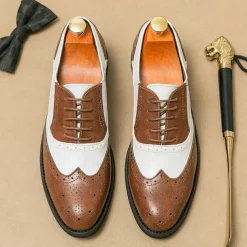 Men's Two-Tone Wingtip Oxford Brogue Shoes in Brown and White, Genuine Leather Gatsby-Inspired 1920s Vintage Dress Shoes for Wedding, Jazz Party, and Formal Events