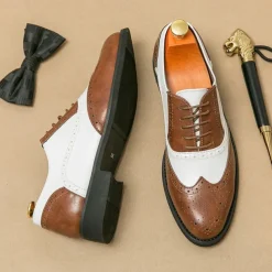 Men's Two-Tone Wingtip Oxford Brogue Shoes in Brown and White, Genuine Leather Gatsby-Inspired 1920s Vintage Dress Shoes for Wedding, Jazz Party, and Formal Events