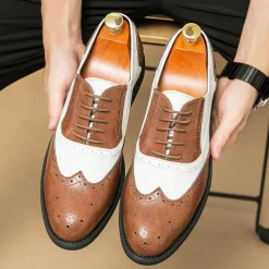 Men's Two-Tone Wingtip Oxford Brogue Shoes in Brown and White, Genuine Leather Gatsby-Inspired 1920s Vintage Dress Shoes for Wedding, Jazz Party, and Formal Events