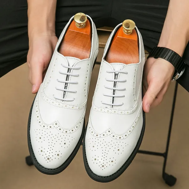 Men's Two-Tone Wingtip Oxford Brogue Shoes in Brown and White, Genuine Leather Gatsby-Inspired 1920s Vintage Dress Shoes for Wedding, Jazz Party, and Formal Events