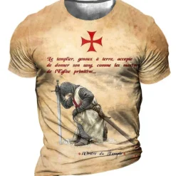 Men's Unisex Templar Cross Graphic Prints Soldier T Shirt Distressed T Shirt Short Sleeve T shirt 3D Print Crew Neck Shirt Sports Designer Casual Outdoor Street Daily Light Yellow Black Yellow Summer