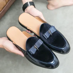 Men's Velvet and Patent Leather Mule Loafers – Slip-On Design with Decorative Bow for Formal and Evening Events