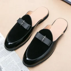 Men's Velvet and Patent Leather Mule Loafers – Slip-On Design with Decorative Bow for Formal and Evening Events