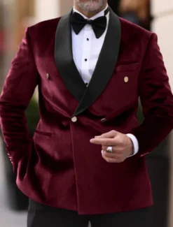 Men's Velvet Vintage Party Blazer Jacket Outdoor Sports Jacket Solid Colored Blazer Regular Plus Size Double Breasted Four-buttons Black Burgundy Blue Purple 2023