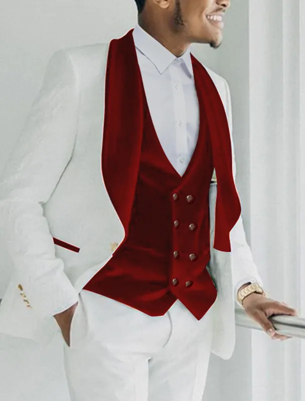 Men's Velvet Wedding Prom Party Tuxedos Red Burgundy Solid Colored Standard Fit 3 Piece Single Breasted One-button