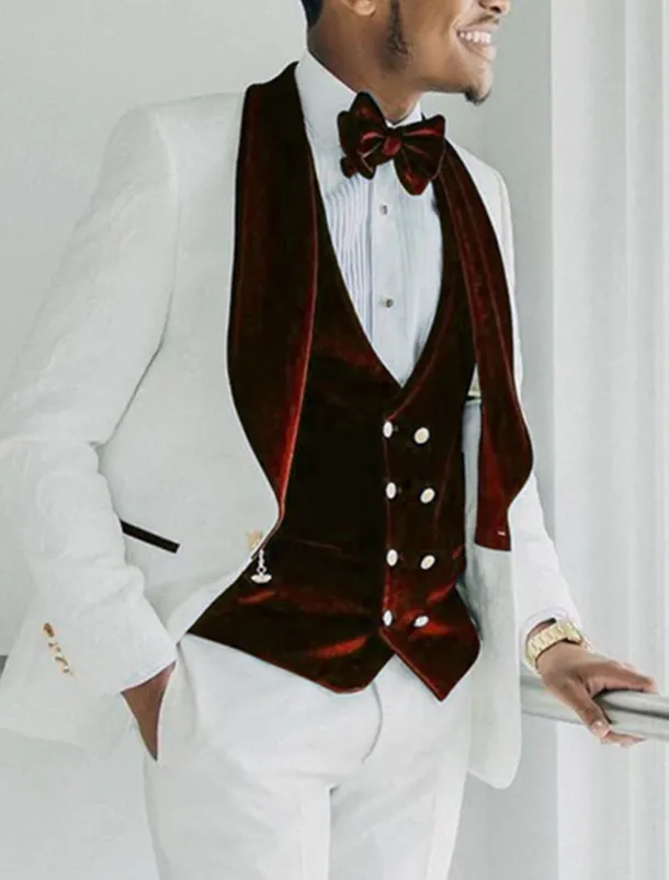 Men's Velvet Wedding Prom Party Tuxedos Red Burgundy Solid Colored Standard Fit 3 Piece Single Breasted One-button