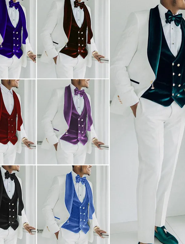 Men's Velvet Wedding Prom Party Tuxedos Red Burgundy Solid Colored Standard Fit 3 Piece Single Breasted One-button