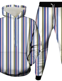 Men's Vertical Stripes 2pcs 3D Sweatshirt Sets Tracksuit Hoodie Sweatshirt Long Sleeve Long pants Hooded Casual Daily Athleisure 3D Print Spring Fall Winter Robin's Egg Blue White Green