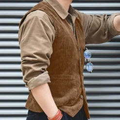 Men's Vest Daily Wear Vacation Going out Retro Vintage Spring & Fall Button Corduroy Comfortable Solid Color Single Breasted V Neck Regular Fit Black Dark Navy Army Green Coffee Vest