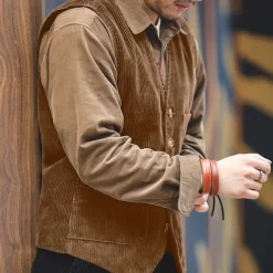 Men's Vest Daily Wear Vacation Going out Retro Vintage Spring & Fall Button Corduroy Comfortable Solid Color Single Breasted V Neck Regular Fit Black Dark Navy Army Green Coffee Vest