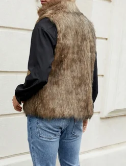 Men's Vest Faux Fur Gilet Daily Date Vacation Fashion Casual Fall & Winter Keep Warm Polyester Comfortable Plain Cardigan Stand Collar Regular Fit Black White Yellow Vest