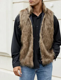Men's Vest Faux Fur Gilet Daily Date Vacation Fashion Casual Fall & Winter Keep Warm Polyester Comfortable Plain Cardigan Stand Collar Regular Fit Black White Yellow Vest