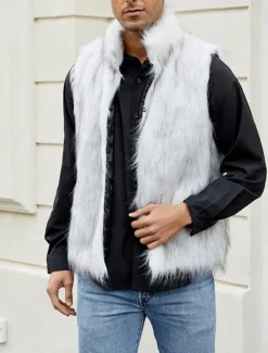 Men's Vest Faux Fur Gilet Daily Date Vacation Fashion Casual Fall & Winter Keep Warm Polyester Comfortable Plain Cardigan Stand Collar Regular Fit Black White Yellow Vest